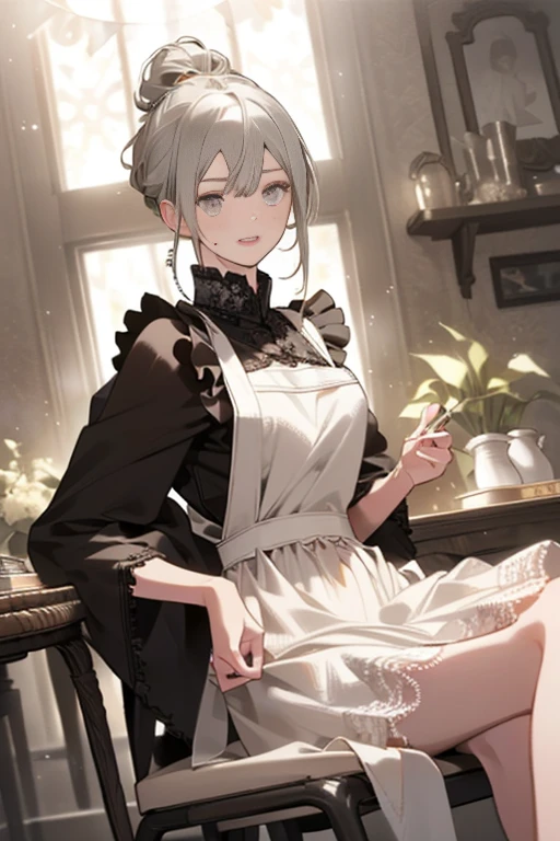 (A masterpiece of image quality in 8K),(from below:1.2),(Beautiful Allafed Woman),(((emphasizing breasts:1.0))),(Dynamic angles),(Dynamic and sexy bending pose:1.3),(sit a chair:1.3),(Short hair in shiny silver and orange inner colors,(perky chest:1.1), (pointed chest:1.3),small full breasts,Disturbance of clothing due to movement,breast slip,(Ponytail twisted buns adorned with elaborate braids and beads,Braided Setup Fishbone Hair,),(see-through bangs),small breasts、(((A white lace apron that shows your bare skin from under your small breasts)))、Blush with embarrassment、Enraptured eyes、A smile that beguiles the viewer、(Look back:1.2)、Look into the photographer,skin glistening with sweat,gazing at viewer,,(Professional Lighting),(8K,masutepiece,top-quality,Ultra-high resolution output image,),(Ultra HD with complex detail image modes),depth of fields,Beautiful hands,Beautiful fingers,Detailed finger features,(Detailed hair features:1.7),detailed facial features,detailed clothes features,  
