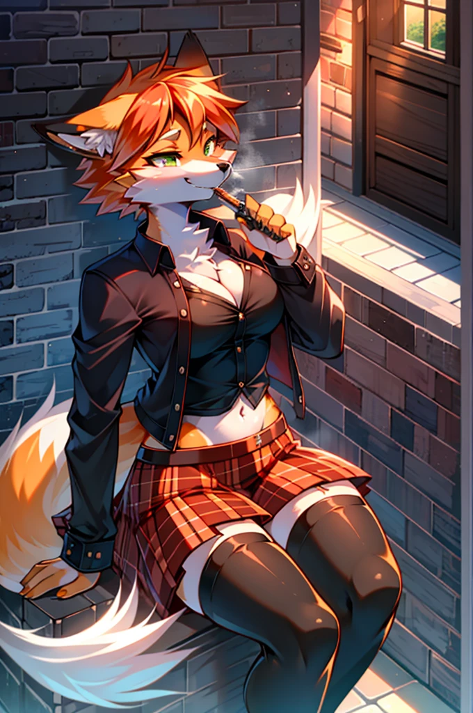 (furry art, masterpiece, golden rule, best quality, 4k, 2k, shaded, absurd res), hip tuft, leg tuft, fluffy fur, whiskers, beautiful eyes, (anthro furry:1.3, snout:1.2, anthro:1.3, furry:1.2, female:1.2), (anthro_female_vixen:1.2), (orange fur:1.1), tomboy, punk hair, small breasts, fox tails, green eyes, small butt, sass, outfit, adult, plaid skirt, boyfriend shirt, open shirt, absolute cleavage, two tone fur, leaning against a brick wall, mid shot, vaping, thigh highs