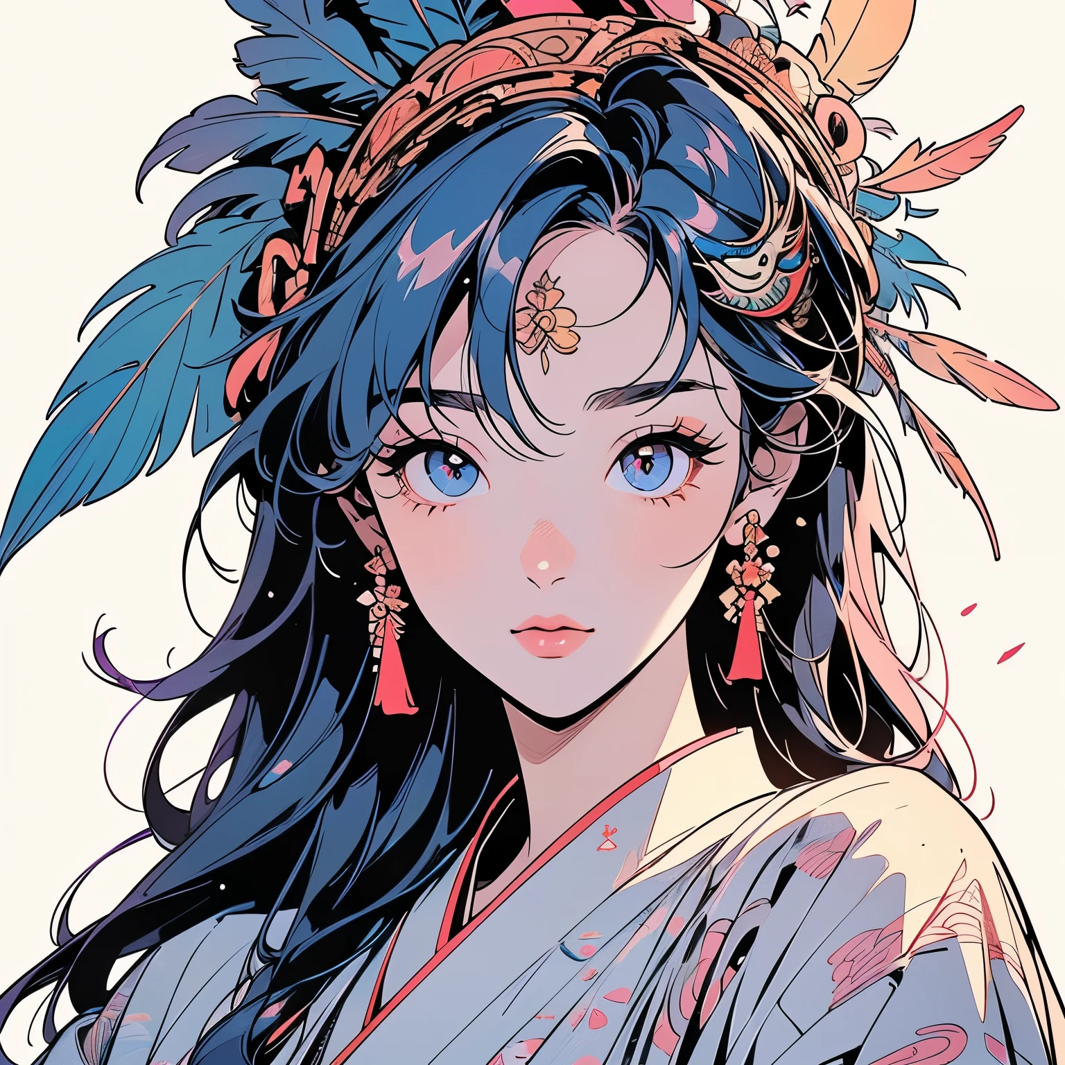 kimono, 完璧なkimono, 詳細なkimono, first-class, Super detailed, White background only, (((Super detailedな装飾))),One Woman, Perfect Face, Faint lighting, (((head shot))), Super detailedな髪、(((Sparkling Eyes))),mysterious, Golden Belt, The wind is blowing, Apparition, Japanese style, Panorama, Long Shot,  (((Narrow-eyed beauty))),(((Indian-style feather headdress on head))),Upper Body,(((Complex eye pattern)))、(((He wears an intricate bird-head mask on his head.)))、A beautiful woman、Detailed face、Best quality face、Large feather ornament、Pink Hair、Feather decoration on eyelashes、Gradient eyes、Gradient Hair