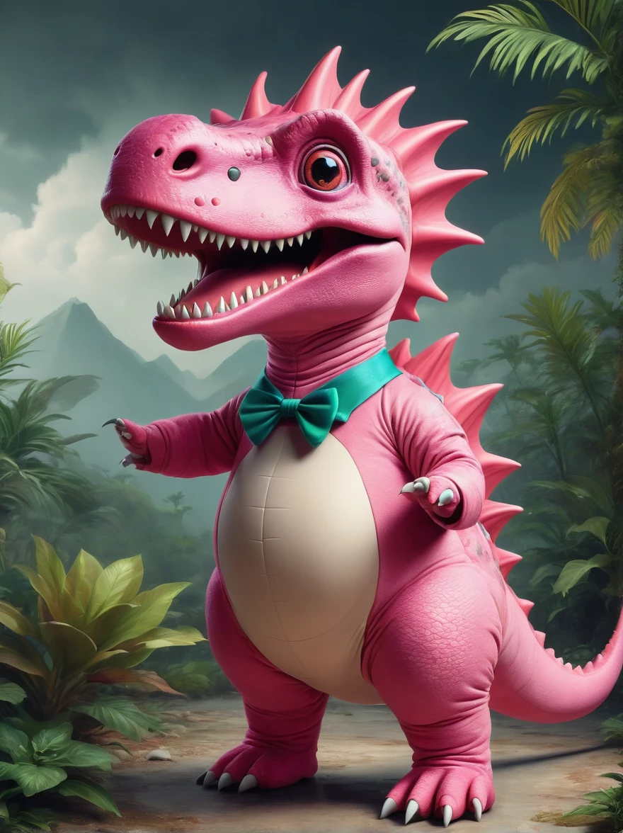 A dinosaur dressed in a pink dinosaur costume