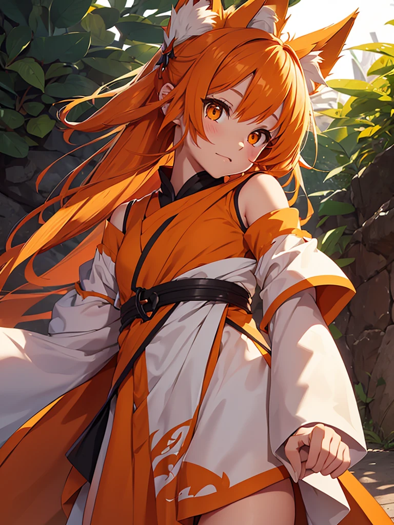 Young girl with shoulder length orange hair and yellow eyes, wearing a simple tunic, orange fox ears with a white tip and nine orange fox tails with white tips.