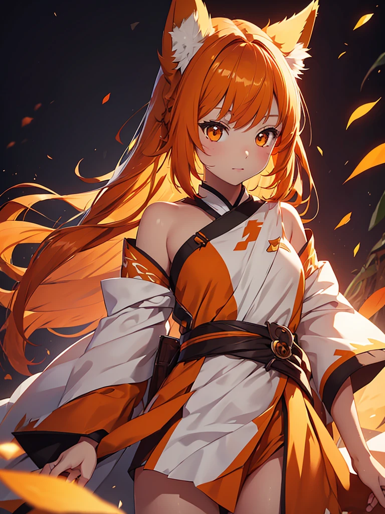 Young girl with shoulder length orange hair and yellow eyes, wearing a simple tunic, orange fox ears with a white tip and nine orange fox tails with white tips.