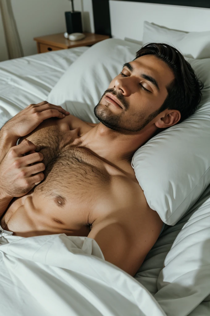 a sick man lying in bed