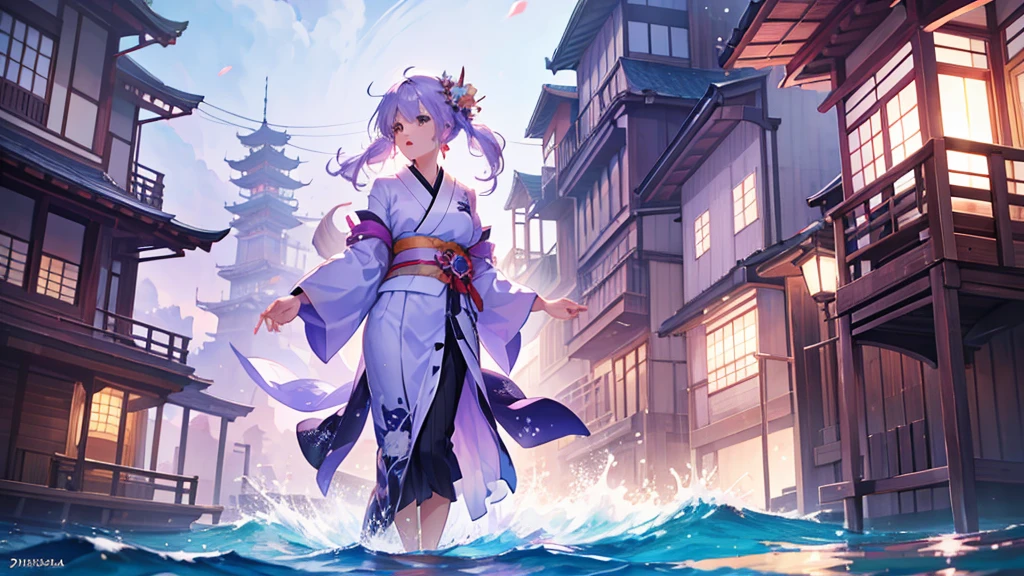 woman clear Light purple hair kimono Anime Style Boat