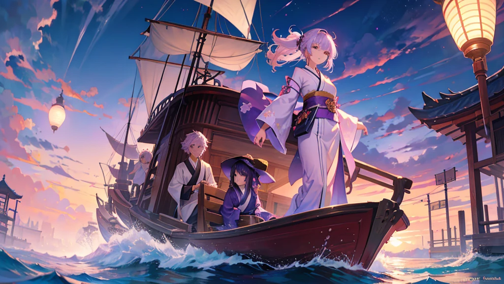 woman clear Light purple hair kimono Anime Style Boat
