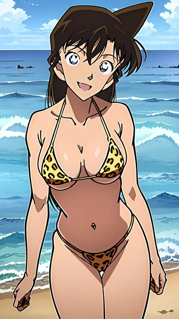 (masterpiece, 4K, Highest quality, anime style: 1.9, Detailed face, Lovely, Ocean,bold, High resolution, anime, alone, Curvaceous, Thighs, Cleavage, Center of chest, smile, Please open your mouth wide, Very slim belly, Cowboy Shot,Leopard print bikini,1 Girl, Detective Conan,Maorilan