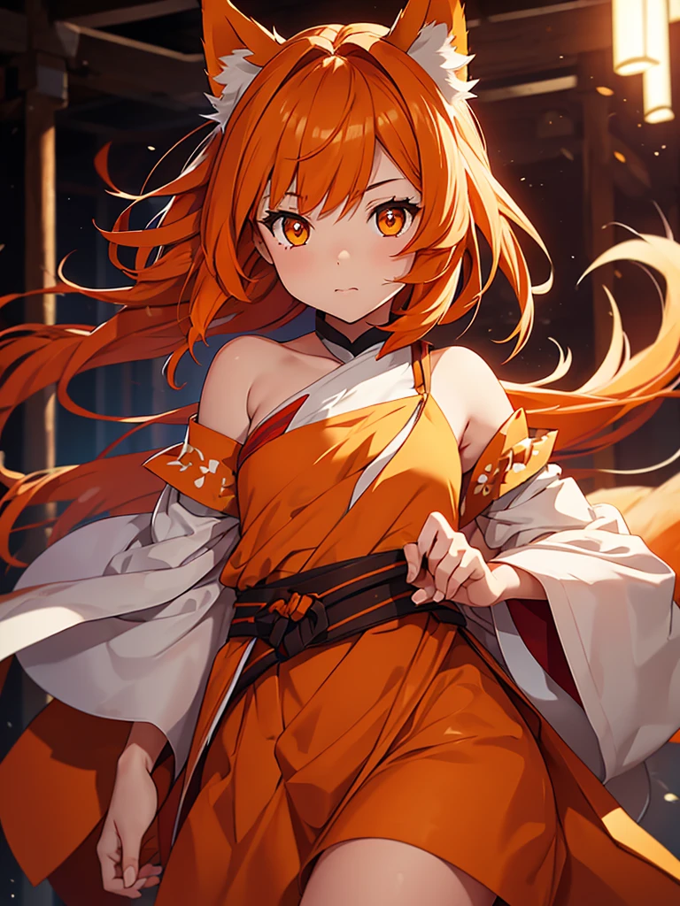 Young girl with shoulder length orange hair and yellow eyes, wearing a simple tunic, orange fox ears with a white tip and nine orange fox tails with white tips.