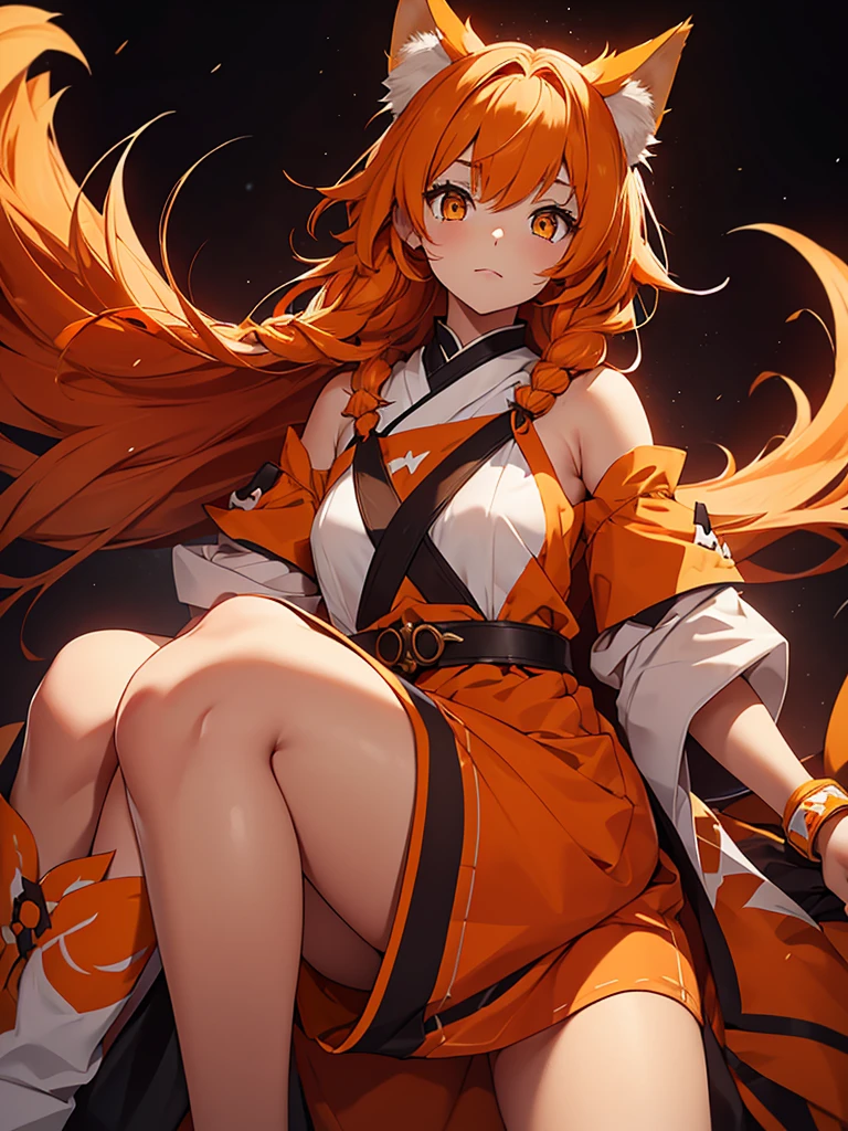 Young girl with shoulder length orange hair and yellow eyes, wearing a simple tunic, orange fox ears with a white tip and nine orange fox tails with white tips.