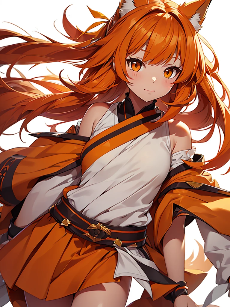 Young girl with shoulder length orange hair and yellow eyes, wearing a simple tunic, orange fox ears with a white tip and nine orange fox tails with white tips.