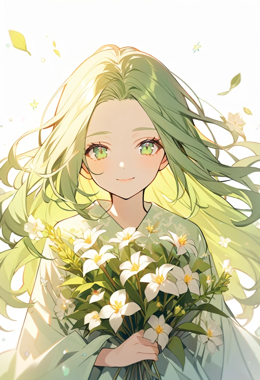 1girl, solo,light green eyeliner, green simple dress,light green long perm hair,sparkling light green eyes,light smile ,has flowers,(((white background))),(forehead),from front