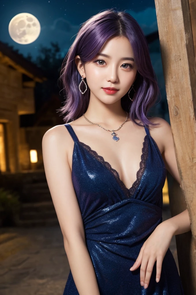 a cute girl, 1 girl, solo, Japanese, chignon, beautiful blue eyes, BREAK, ((masterpiece)), ((best quality)), (ultra-detailed), ((kawaii)), cute, ((lovely)), ((extremely detailed)), (detailed face), (depth of fields), (detailed eye), (detailed facial features), (detailed clothes features), 4K, (8K), best quality, dynamic pose, (body shot:1.3), BREAK, (beautiful navy blue dress:1.3), she wears a skimpy wizard dress, (beautiful purple hair:1.3), ((beautiful eyes)), white teeth, earrings, bib necklace, smile, BREAK, (super full moon:1.3), mystical ancient ruins, greek architecture, shiny, 