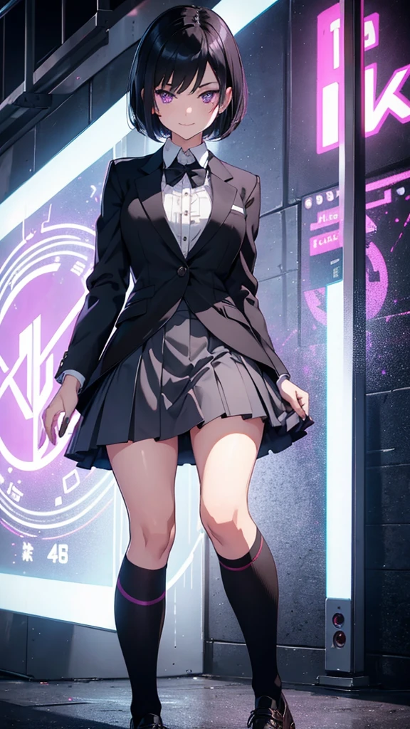 young girl, short black hair, violet eyes, smirk, full body, high quality, 4k, HD, Good detailed, She is wearing a with a blazer, skirt, and knee-high socks