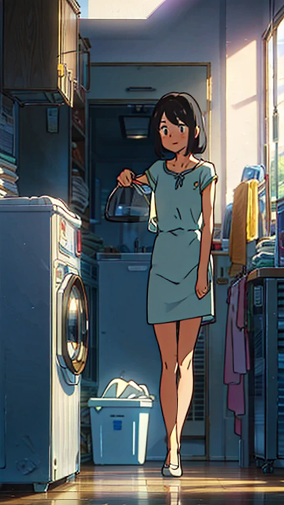 A girl，Holding a white short-sleeved dress ，washing machine，Clothes hanging to dry，balcony，Super Detail, High Detail