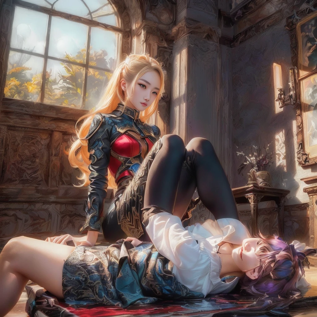There are two women in the room、One is lying on the floor, Luan Jia and Artgerm, Ross Tran and Bayard Wu, WLOPとSakimi-chan, Renji Murata and Artgerm, Trending on cgstation, wlop and ross tran, Sakimi-chan&frank franzzeta, KDA and Sam