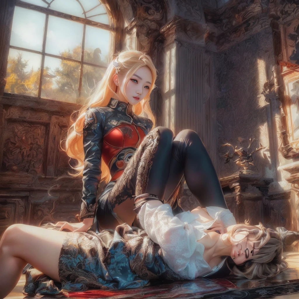 There are two women in the room、One is lying on the floor, Luan Jia and Artgerm, Ross Tran and Bayard Wu, WLOPとSakimi-chan, Renji Murata and Artgerm, Trending on cgstation, wlop and ross tran, Sakimi-chan&frank franzzeta, KDA and Sam