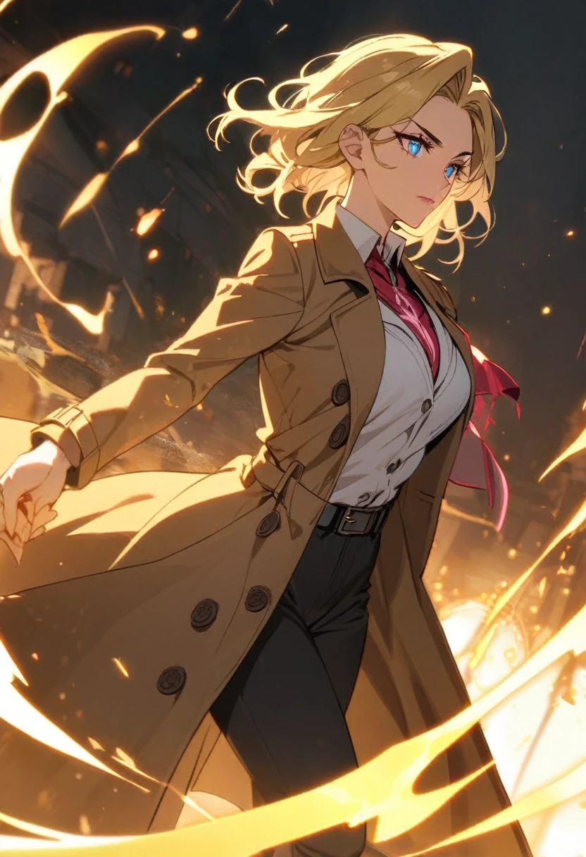 female John Constantine, short blonde hair, blue eyes, trench coat, red tye, yellow magic