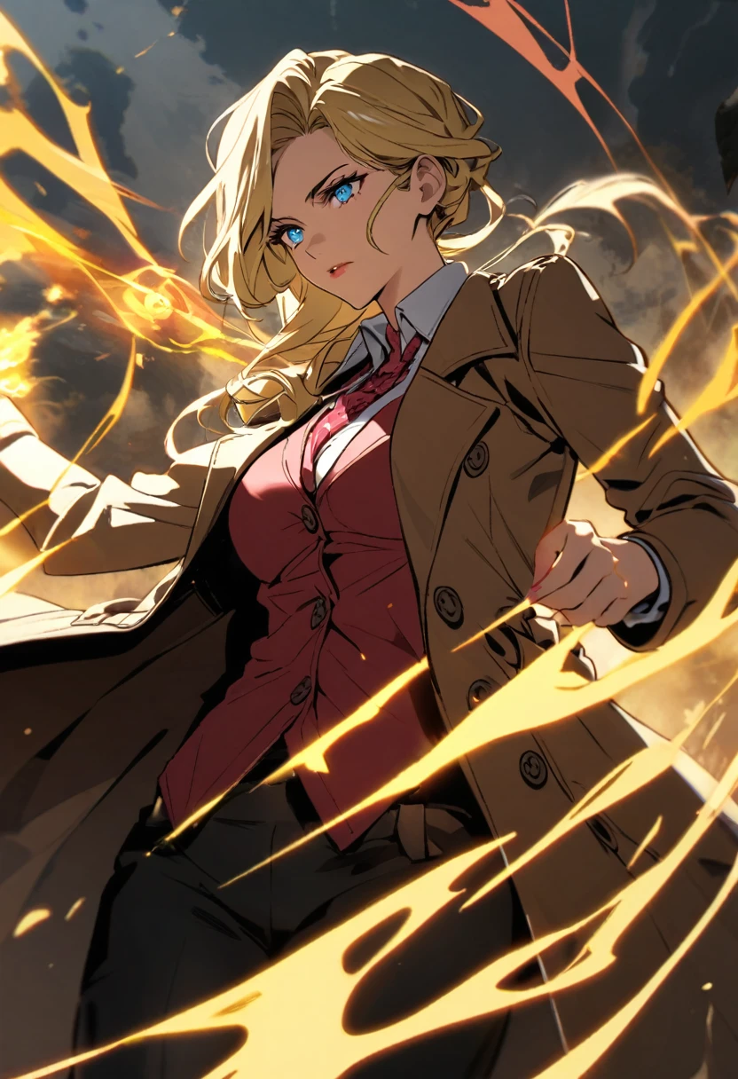 female John Constantine, short blonde hair, blue eyes, trench coat, red tye, yellow magic