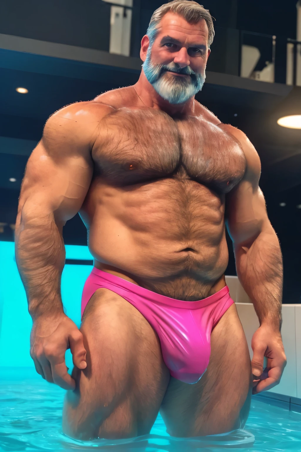 (handsome mature man), (50 yo), white man, wearing a speedo, wet speedo, dripping wet, bulge, (beefy:1.3), beard, looking at viewer, beautiful man, detailed eyes, symmetric face, smirk, robust, greying hair, sci-fi setting, alien planet, wearing a pilot helmet, neon colors,