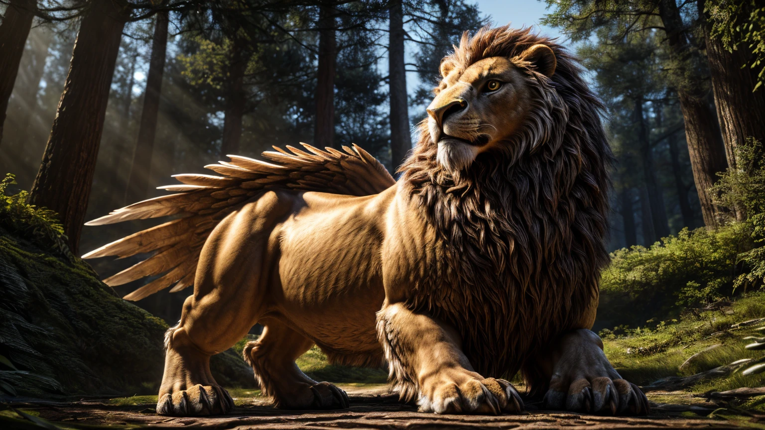 a highly detailed and realistic griffin, eagle head, lion feet, solo full body shot, forest background, intricate details, nice lighting, (best quality, 4k, 8k, highres, masterpiece:1.2), ultra-detailed, (realistic, photorealistic, photo-realistic:1.37), cinematic lighting, breathtaking, dramatic, epic, awe-inspiring