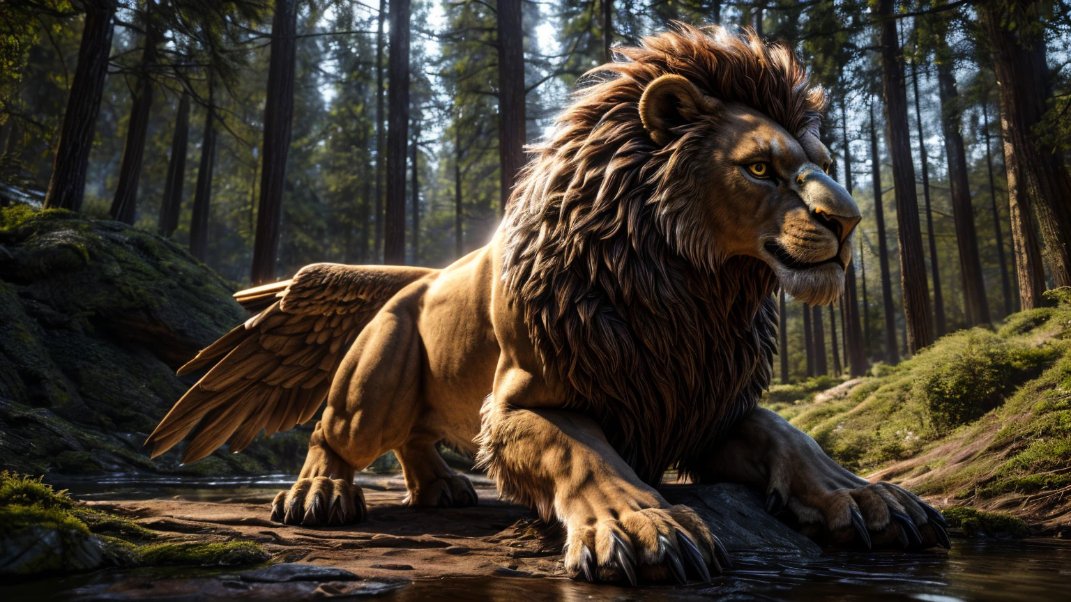 a highly detailed and realistic griffin, eagle head, lion feet, solo full body shot, forest background, intricate details, nice lighting, (best quality, 4k, 8k, highres, masterpiece:1.2), ultra-detailed, (realistic, photorealistic, photo-realistic:1.37), cinematic lighting, breathtaking, dramatic, epic, awe-inspiring