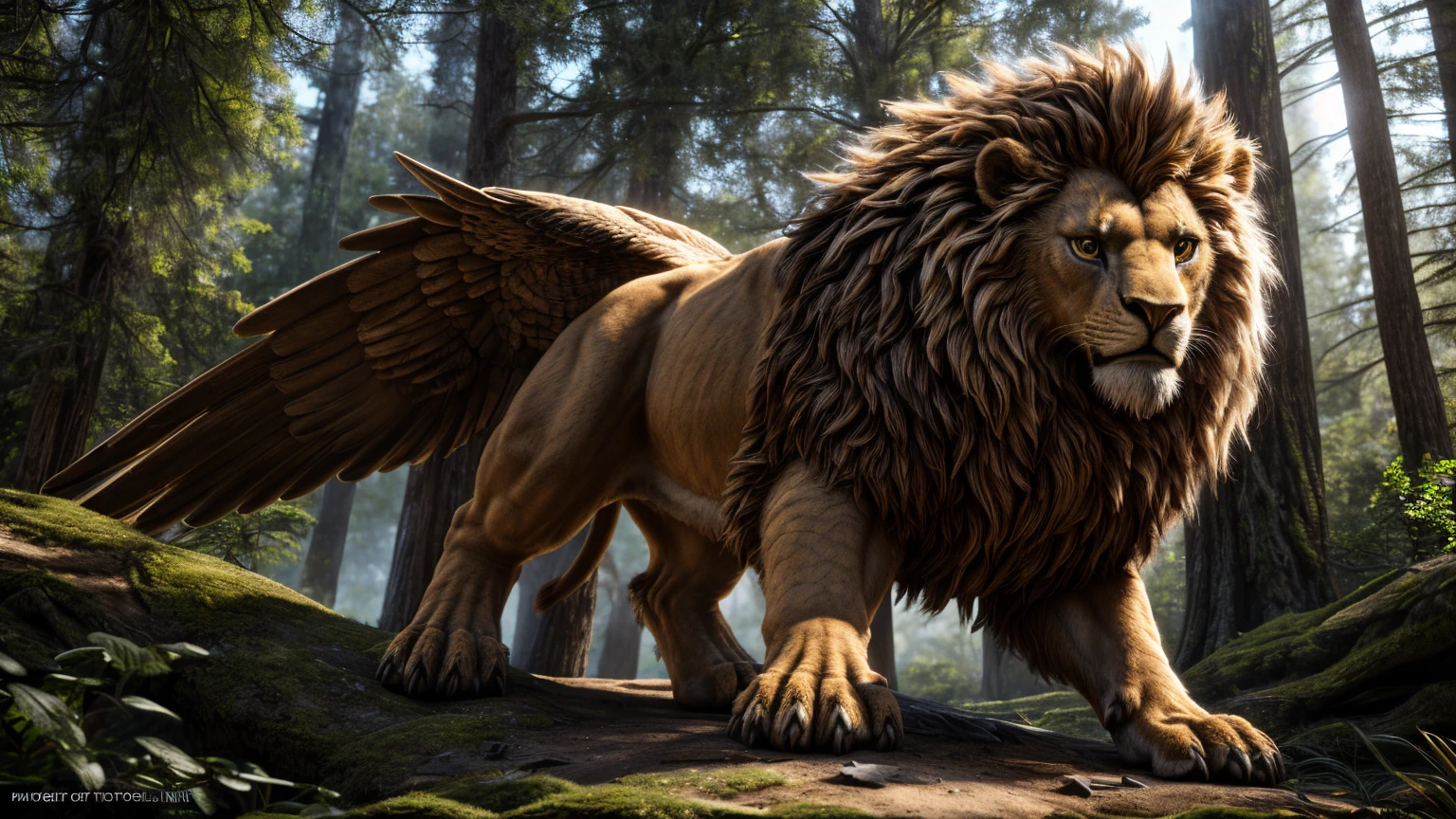 a highly detailed and realistic griffin, eagle head, lion feet, solo full body shot, forest background, intricate details, nice lighting, (best quality, 4k, 8k, highres, masterpiece:1.2), ultra-detailed, (realistic, photorealistic, photo-realistic:1.37), cinematic lighting, breathtaking, dramatic, epic, awe-inspiring