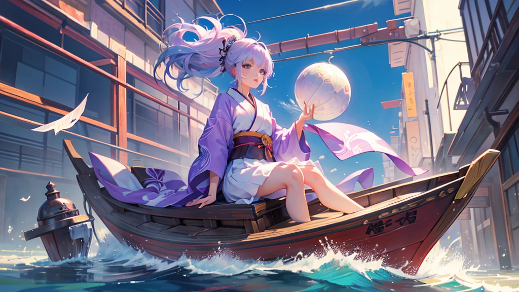 woman clear Light purple hair kimono Anime Style Boat