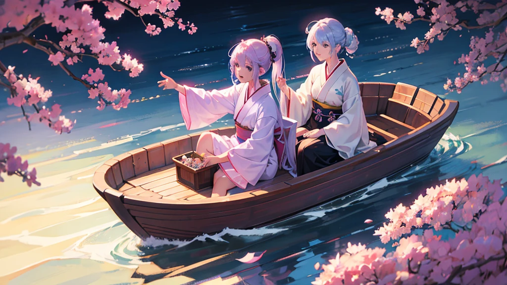 woman　clear　Light purple hair　　kimono　　Anime Style　　Boat
