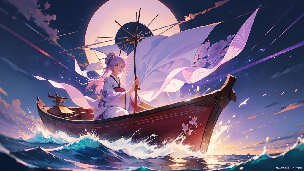 woman clear Light purple hair kimono Anime Style Boat