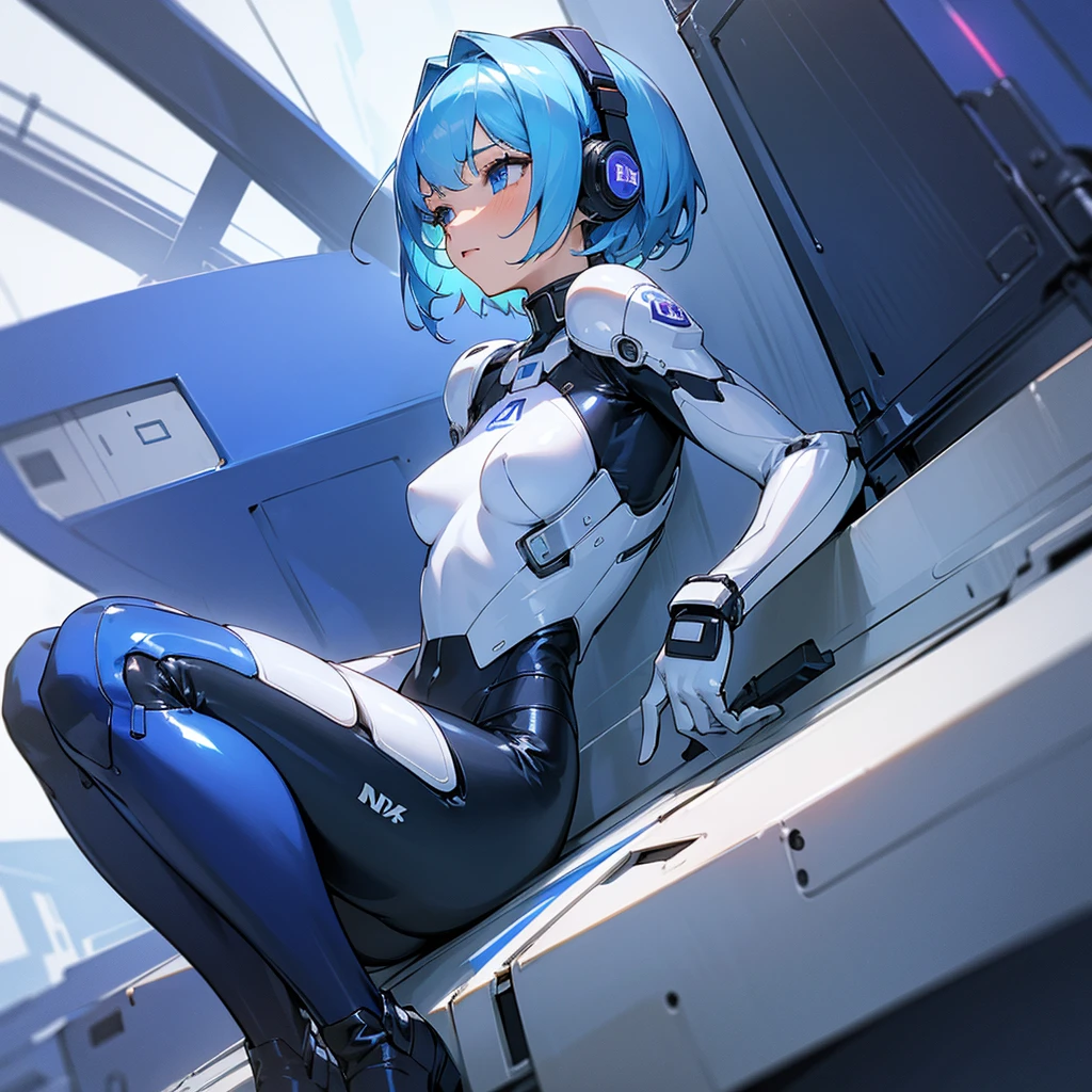 (masterpiece, Highest quality, Highest Resolution, clear_image, Detailed explanation): (alone, Lonely Girl, The Face of Japan, Blue Hair Girl, short hair, Full body portrait, Small breasts, Sparkling blue eyes, Metallic white and blue pilot suit, Black, Tight fitting clothes, Clothing that covers the entire body, beauty, The body is slim, Exoskeleton, Knee Boots, heroine, Lying on your back, Open your thighs from side to side, Arm-length gloves, headset)