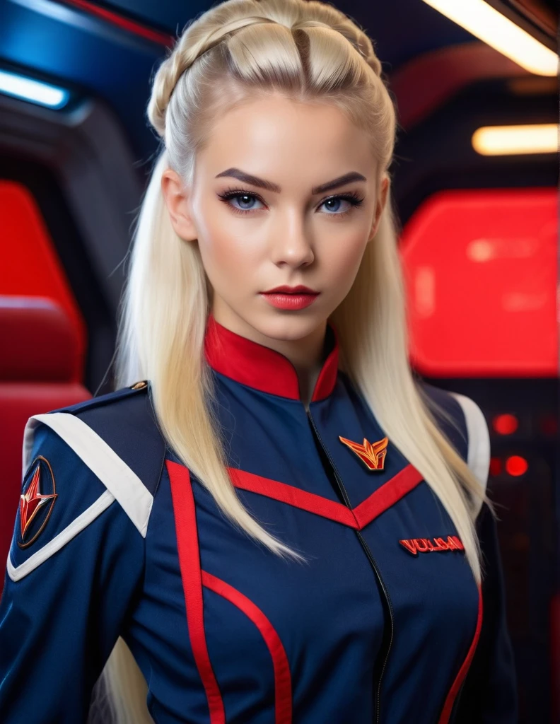 very attractive 25 year old girl with long platinum blonde hair, Vulcan woman, emb-haiz, updo hair, wearing enterpriseuniform, female fit, , dark blue jumpsuit, red piping on shoulders. closeup. , dark sci-fi interior.. very realistic
