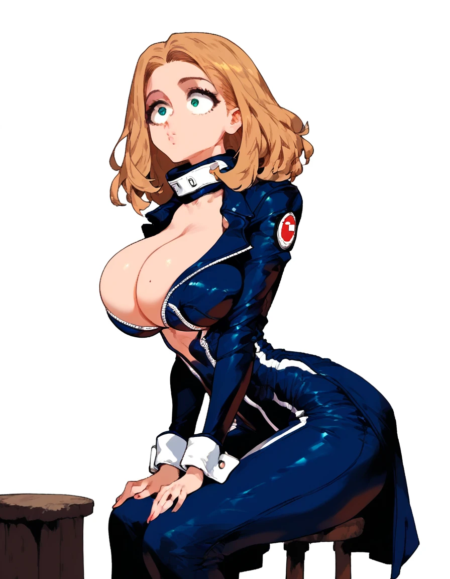 Expressive, score_9, score_8_up, score_9_up,, masterpiece, high quality, highly detailed, 1girl, camie utsushimi, light brown hair, dark briwn eyes,big breasts, , round breasts,,,,,, thin waist, sit on stool, white background,, 
