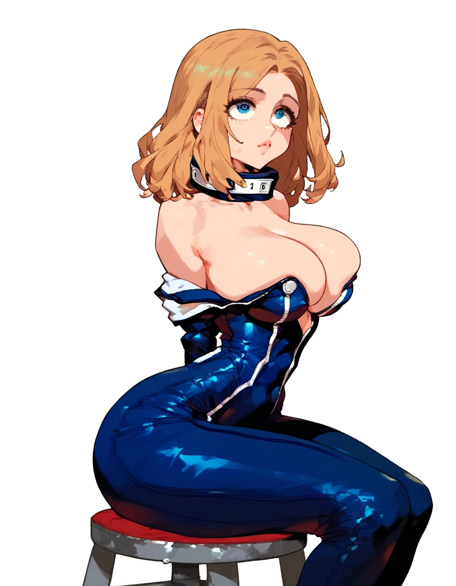 Expressive, score_9, score_8_up, score_9_up,, masterpiece, high quality, highly detailed, 1girl, camie utsushimi, light brown hair, dark briwn eyes,big breasts, , round breasts,,,,,, thin waist, sit on stool, white background,,