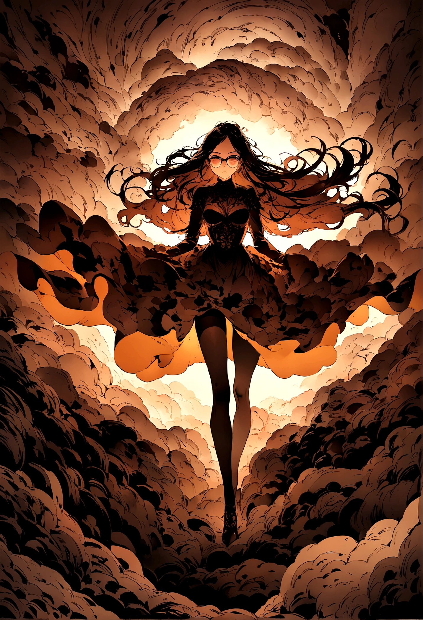 ((Tights)),future technology,Illustration style,Long hair,beautiful,explode,Dust rolling,Dark,Glasses