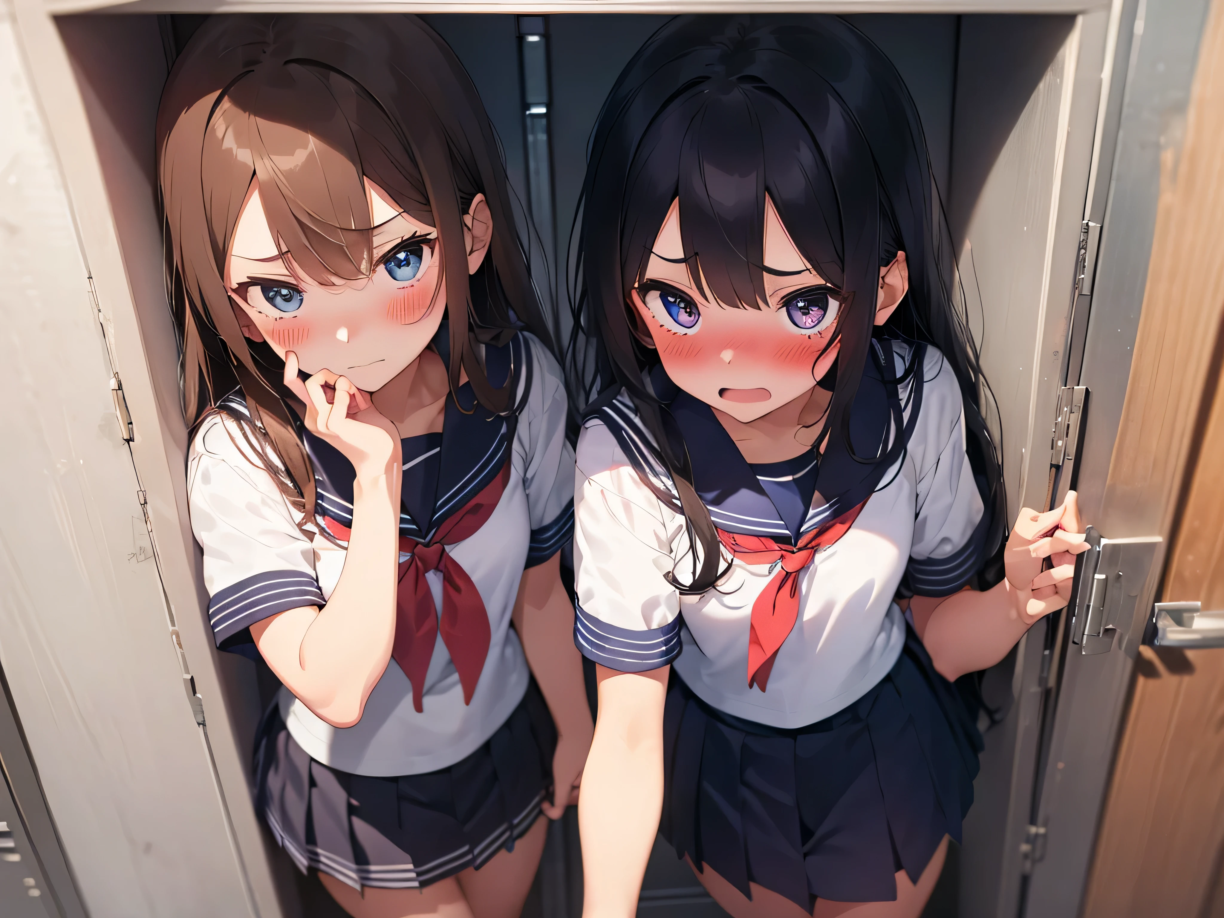 2 girls, shoved inside a locker, ((sailor uniform, short sleeve, tight clothing, miniskirt)), (blushing:1.5), (blushing, worried, teary eyes), perfect body, perfect face, perfecte eyes, beautiful eyes, detailed eyes, image taken from inside