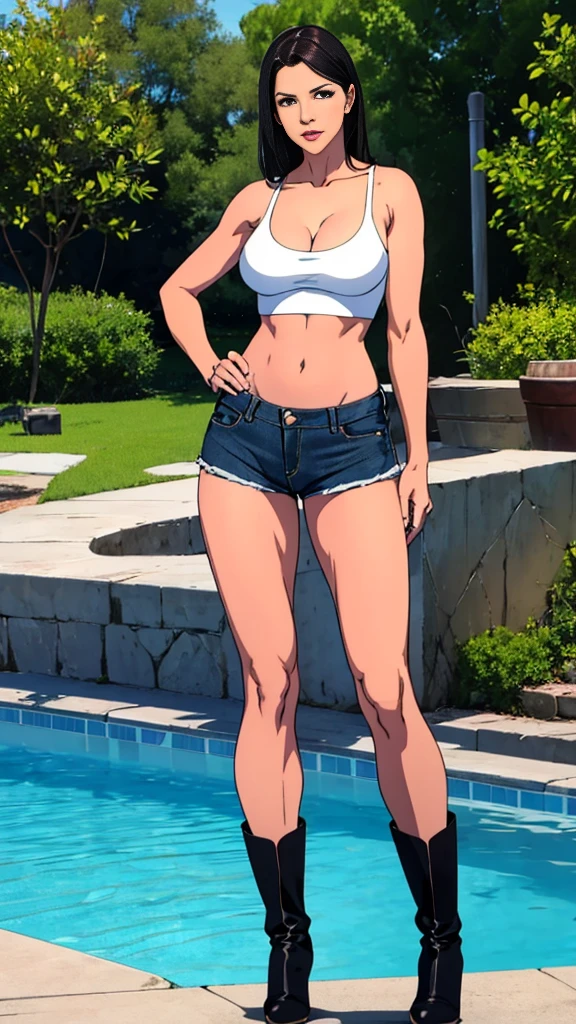45 years old Juia Ann, revealing outfit, large breasts, attuned pose, cleavage, jeans shorts, white crop top, full body pose, black boots, medium length dark hair, backside pool