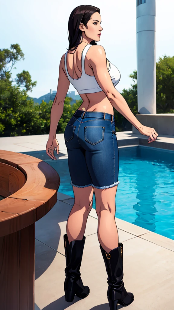 45 years old Juia Ann, revealing outfit, large breasts, attuned pose, cleavage, jeans shorts, white crop top, full body pose, black boots, medium length dark hair, backside pool