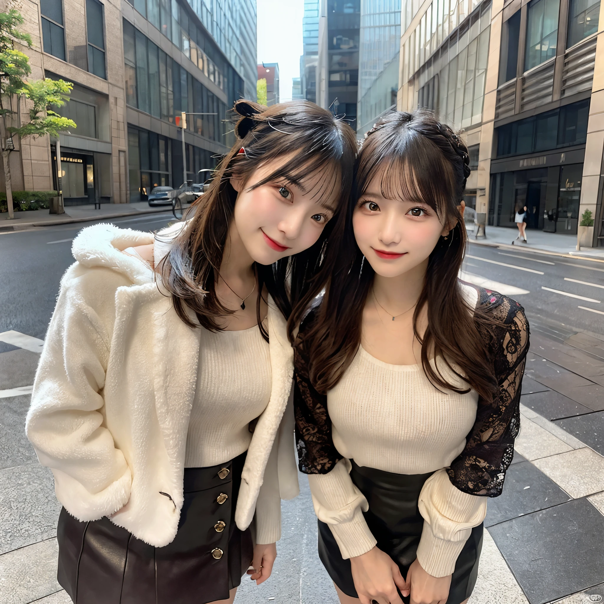 masutepiece, Best Quality, Illustration, Ultra-detailed, finely detail, hight resolution, 8K Wallpaper, Perfect dynamic composition, Beautiful detailed eyes, Trendy Women's Fashion Winter Clothes,Bun hair,Small breasts natural color lip, sexypose,Smile,Harajuku、20 years girl、Wearing a micro mini skirt、Cute、is looking at the camera