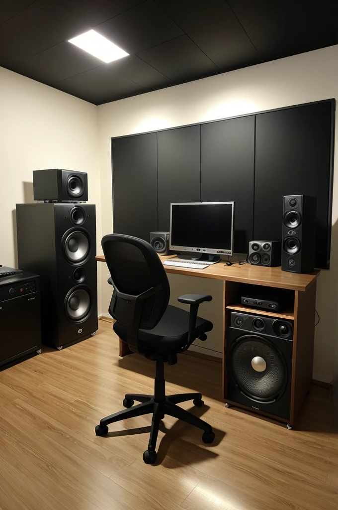 A premium studio with photo cameras , lights, speakers, pc and equipments elegantly