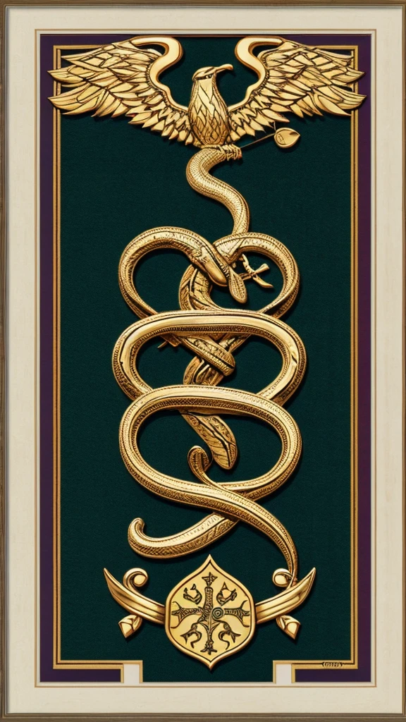 snake wraps around a patterned magic wand. The image is made in high quality and framed by a vignette of intertwined trees in the shape of a heart.
The coat of arms with a large letter H is depicted at the top in the center. The image is made in graphics.