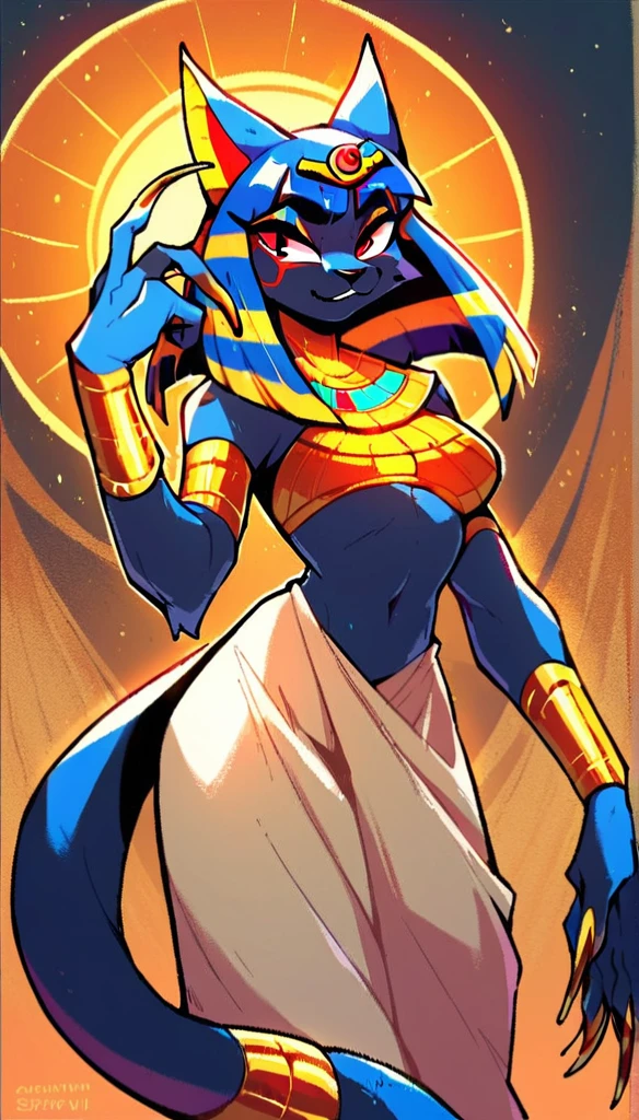 score_9, score_8_up, (thick lines:1.25), Egyptian-themed bedroom, Egypt,
anthro, (cat:1.2), goddess, female, onyx skin, red eyes, sharp claws, long nails, jewelry