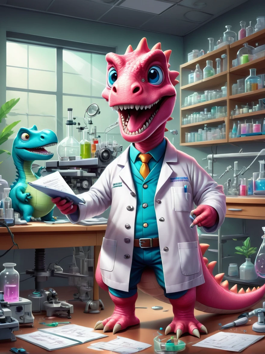 A pink dinosaur character with a broad, toothy smile, dressed as a researcher, They're in a lab, surrounded by scientific equipment like microscopes, beakers, charts and graphs. The dinosaur is wearing a lab coat, eye protection, and holds a clipboard in its hand, Papers are strewn about, indicating a busy work day, The lab setting is filled with light coming from fluorescent lamps overhead, Illustrate this in a cartoon style