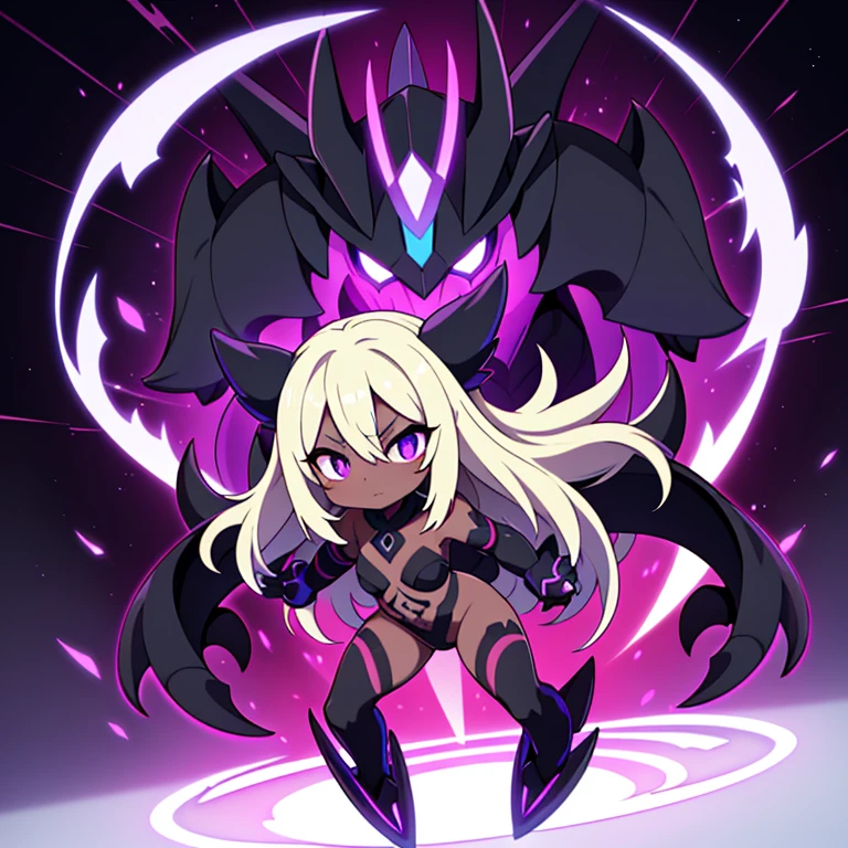 Umbrastryke is a sleek and enigmatic Pokémon known for its cool demeanor and formidable presence. It has a humanoid form with midnight black skin that seems to absorb light, giving it an aura of darkness and mystery. Its physique is lithe and agile, ideal for swift movements and stealthy strikes. Umbrastryke's eyes gleam with an icy blue hue, contrasting sharply against its dark complexion. It is adorned with shadowy markings that resemble tribal tattoos, adding to its intimidating appearance.Full body, beautiful eyes , 1 girl , full body , cute girl , anime style , platinum-blonde hair , purple eyes , cute eyes