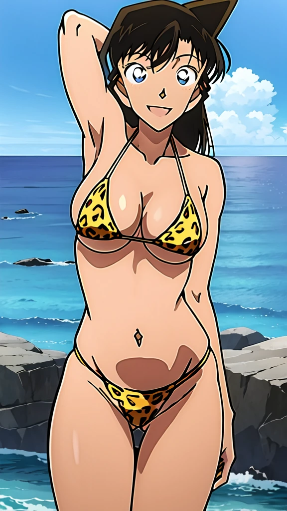 (masterpiece, 4K, Highest quality, anime style: 1.9, Detailed face, Lovely, Ocean,bold, High resolution, anime, alone, Curvaceous, Thighs, Cleavage, Center of chest, smile, Please open your mouth wide, Very slim belly, Cowboy Shot,Leopard print bikini,1 Girl, Detective Conan,Maorilan,One hand behind the head