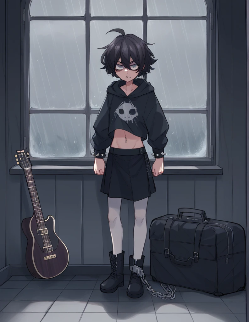 1 girl, alone, ppka, black fur, short hair, messy fur, Ahoge, parts, parts por todo el cuerpo, grey eyes, blind, he would be, a little frustrated, Looking through the window, looking at the rain, tired look black miniskirt, completely black skirt, black boots, Thigh High Stockings, white tights with black stripes, chains on the skirt, exposed navel, navel piercing, black sweatshirt, demon print sweatshirt, spiked bracelets, shadows in the eyes, black shadows, chains on the neck, Nose piercing, guitar case, guitar case en la espalda, guitar case en la espalda, headphones, listening to music,
Waiting for the bus, storm, Emo