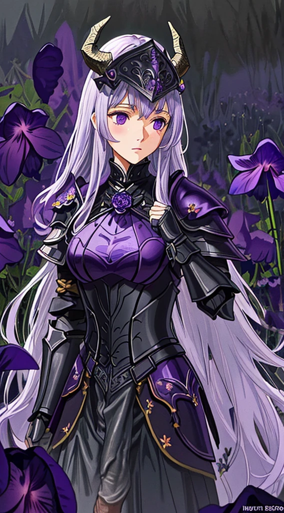 (masterpiece, top quality, best quality, official art, beautiful and aesthetic:1.2), (veiny penis:1.5), futanari, erection, testicles, 1girl, (fractal art:1.3), highly intricate details, highest detail, extreme detail, intricate, colorful, cinematic lighting, beautiful cg art, from an award winning studio, gloomy atmosphere, dark art, eerie, atmospheric, (revealing armor:1.5), perky breasts, nude, (dark theme), in the style of kentaro miura, in the style of dark souls, horror, 3d illustration, dark fantasy, 1girl, (black armor and cape:1.1), (field of violet flowers:1.5), (long silver hair), (highly detailed horned helmet:1.2), (obscured face:1.3)