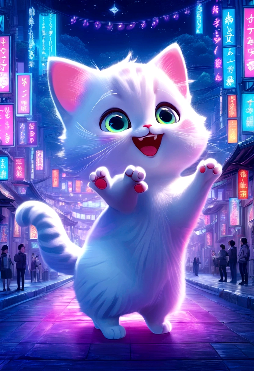 Anime Cat ,dance,Has a happy expression,There are beautiful neon lights at night.,Cat-focused movies, Dynamic pose, Dynamic Background, Dynamic configuration, Dynamic Lighting, Realistic proportions, High resolution, Ray Tracing, Very detailed, Super detailed, Intricate details, Very detailed雰囲気, Very detailedテクスチャ.