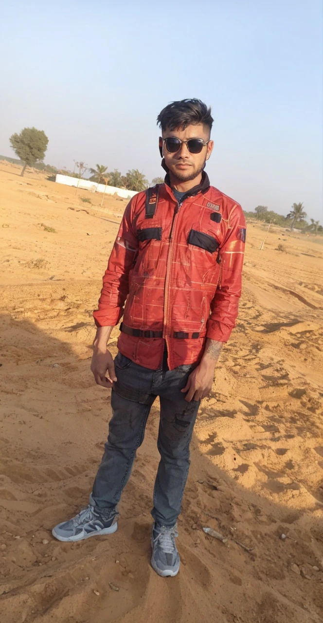 A man in his 25s wearing a cyberpunk island outfit. There is a robot standing behind. Virtual images during the day surrounded by flames