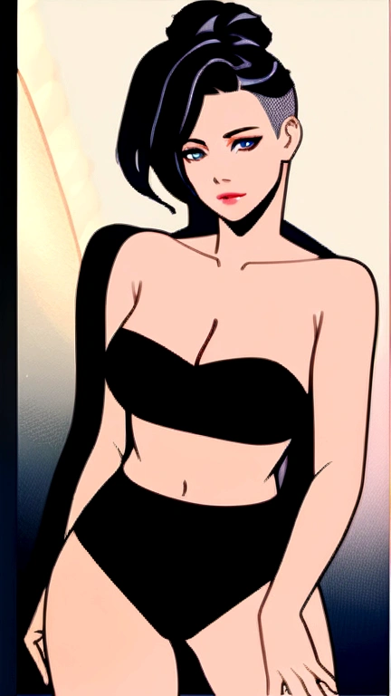 ((undercut hairstyle)), realistic, Highly Detailed CG Integrated 8 thousand Dendenden Wallpapers, Detail, High quality RAW color photos, professional photography, 8 thousand, RAW photos, (best quality:1.2), realistic, (realistic: 1.37), transcendent beauty, 어린 and cute, glowing skin, big bust, ((tube top)), (cleavage of breasts:1.2), (fair face:1.2), (pelvis 바지:1.4), 섹시한 pelvis이 보인다, pelvis,