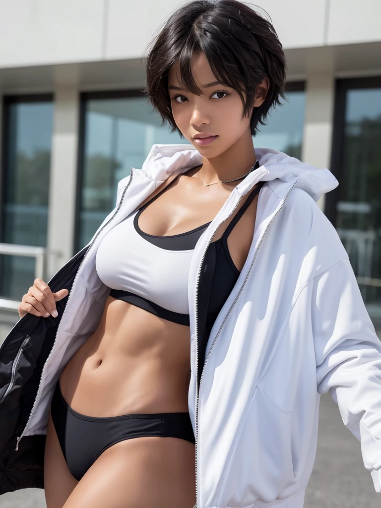 Black woman, Short hair, , big breasts, muscular body, black sports bra, black Thong, Wearing a white jacket