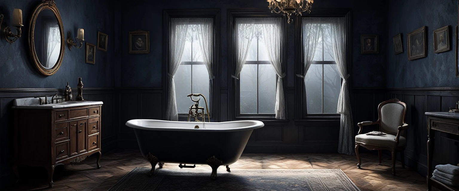 Envision a colonial bathroom enveloped in the eerie stillness of midnight. The room features an old-fashioned bathtub, a cracked porcelain sink, and a large mirror reflecting ghostly images. midnight Moonlight filters in through the broken window, casting long, menacing shadows that add to the sense of dread.damp and foggy. (masterpiece, 8K, super realistic, super details, super focus, mystic, mysterious, no people)